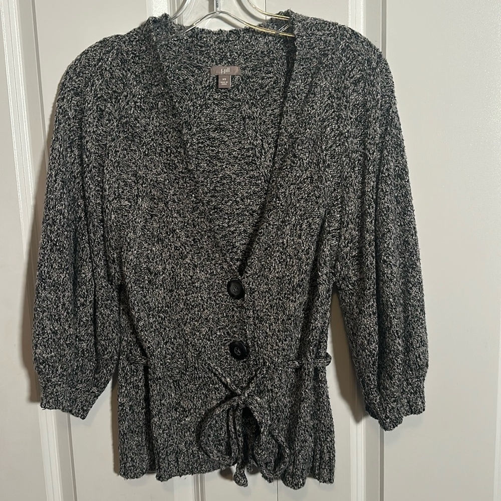 J.Jill heathered gray (black & white) cardigan w/cinched waist, 3/4 sleeves, XS